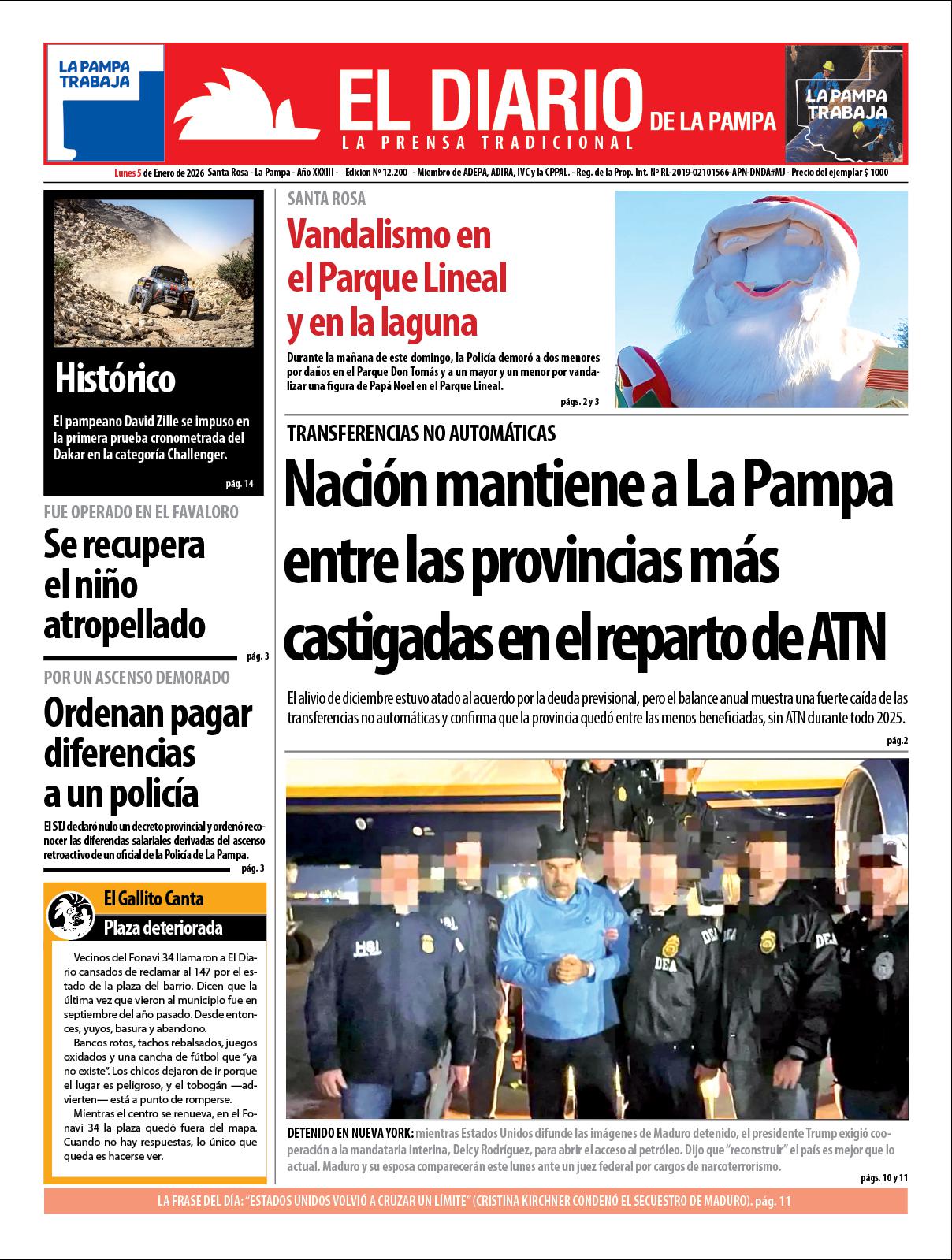 Tapa de El Diario en papel  lunes 05 de enero de 2026